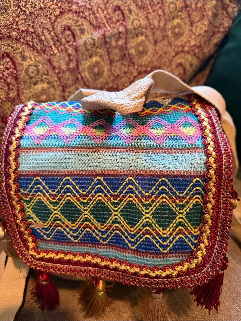 Gorgeous AuthenticTribeTassel mini BackPack- Vibrant blue, green, burgundy, boho